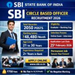 SBI CBO Recruitment 2026 notification image showing 2050 Circle Based Officer vacancy salary 48480 and apply online last date 25 February 2026