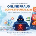 Cyber Crime and Online Fraud Awareness Guide 2026 showing scam alert, hacker laptop, mobile fraud warning and cyber safety information for India and Maharashtra