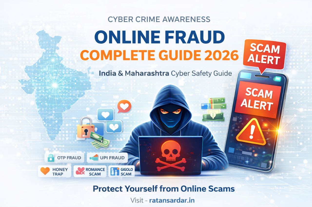 Cyber Crime and Online Fraud Awareness Guide 2026 showing scam alert, hacker laptop, mobile fraud warning and cyber safety information for India and Maharashtra