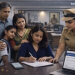Indian woman filing FIR at police station with family support and police officer guidance India
