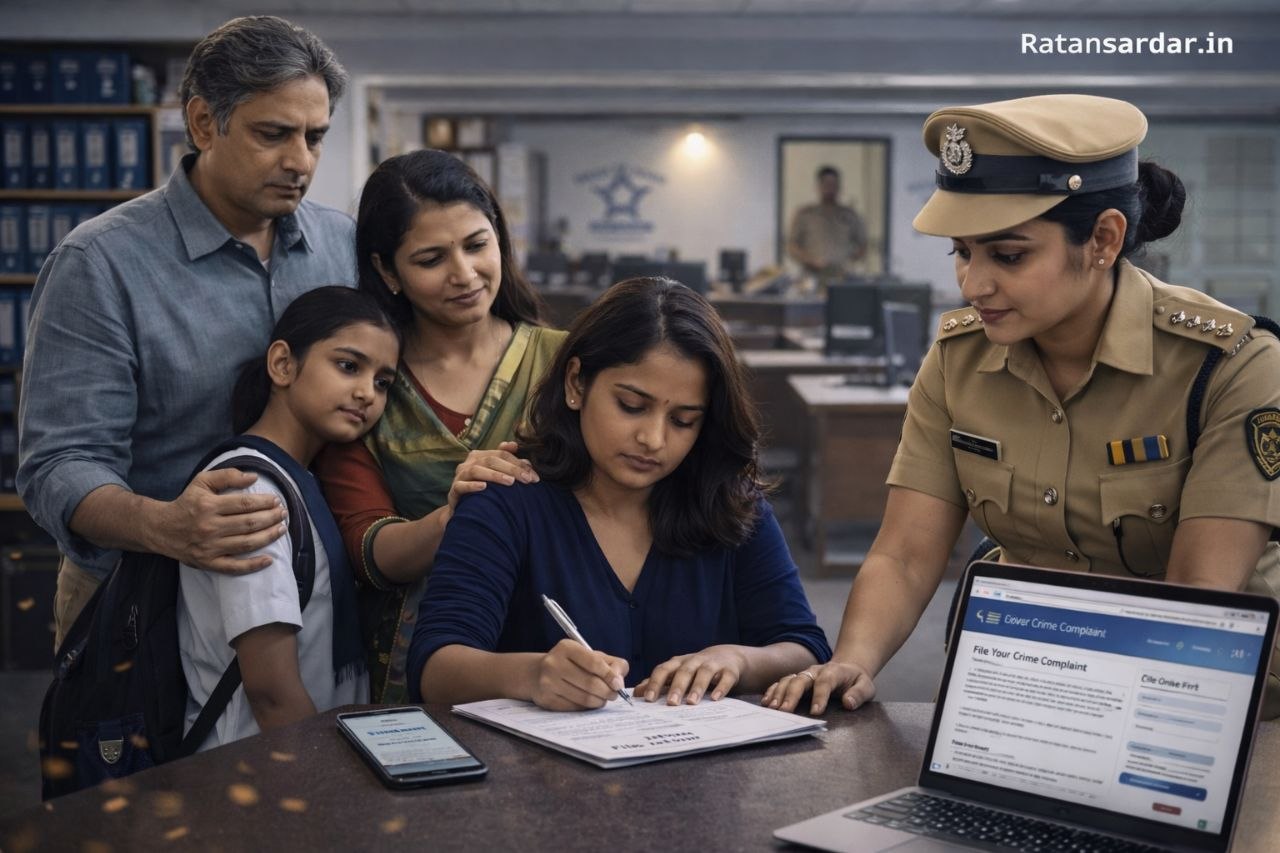 Indian woman filing FIR at police station with family support and police officer guidance India