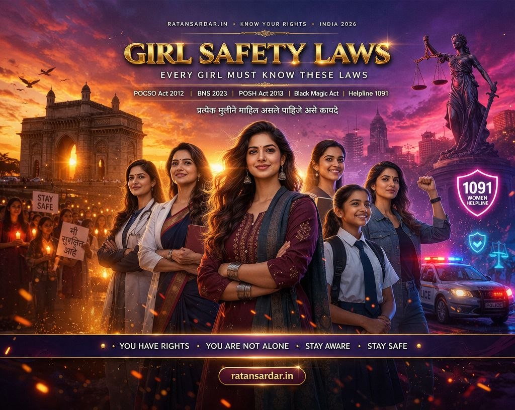 Girl Safety Laws India 2026 poster showing women empowerment, legal rights, POCSO BNS laws and women protection guide