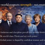 Global power leaders Donald Trump, Vladimir Putin, Kim Jong-un, Queen Elizabeth II, Angela Merkel and Giorgia Meloni with world map background representing strength and global leadership