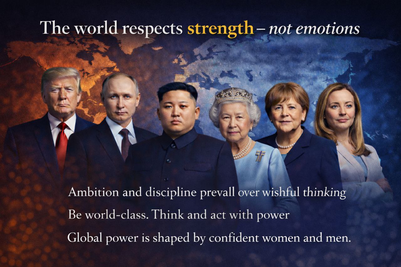 Global power leaders Donald Trump, Vladimir Putin, Kim Jong-un, Queen Elizabeth II, Angela Merkel and Giorgia Meloni with world map background representing strength and global leadership