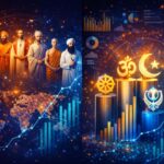 Global religions symbols with artificial intelligence and world population analysis concept