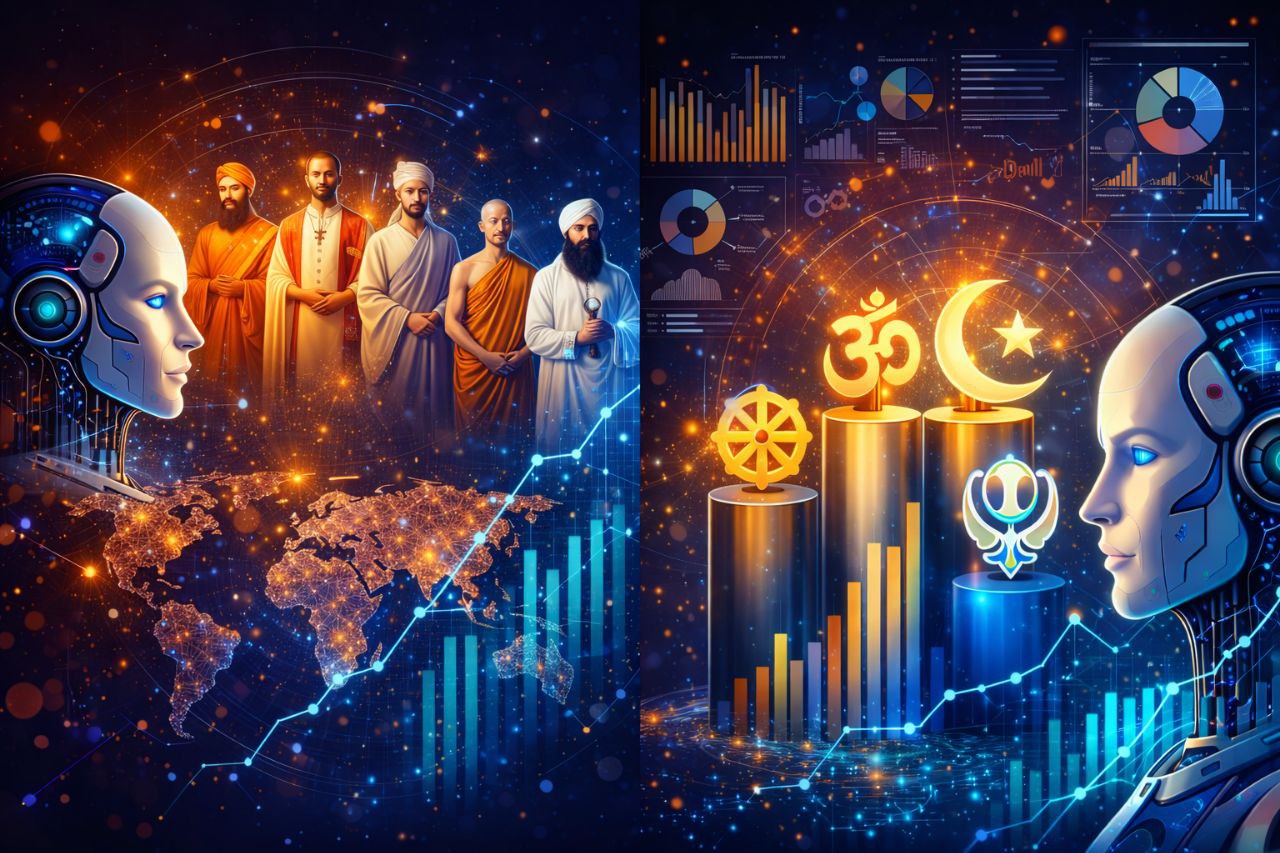 Global religions symbols with artificial intelligence and world population analysis concept