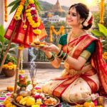 गुढी पाडवा सण साजरा करताना नववारी साडीतील मराठी महिला गुढीची पूजा करताना