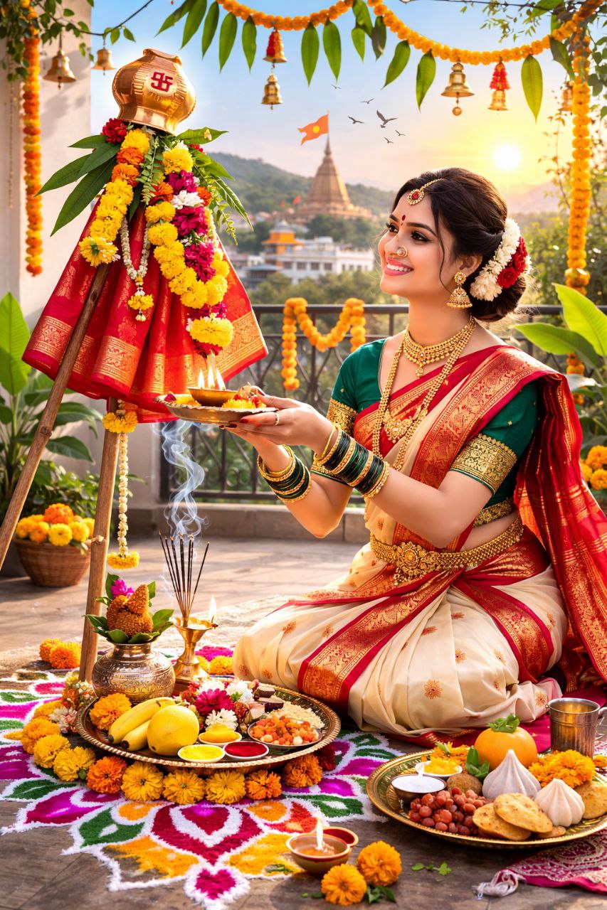 गुढी पाडवा सण साजरा करताना नववारी साडीतील मराठी महिला गुढीची पूजा करताना