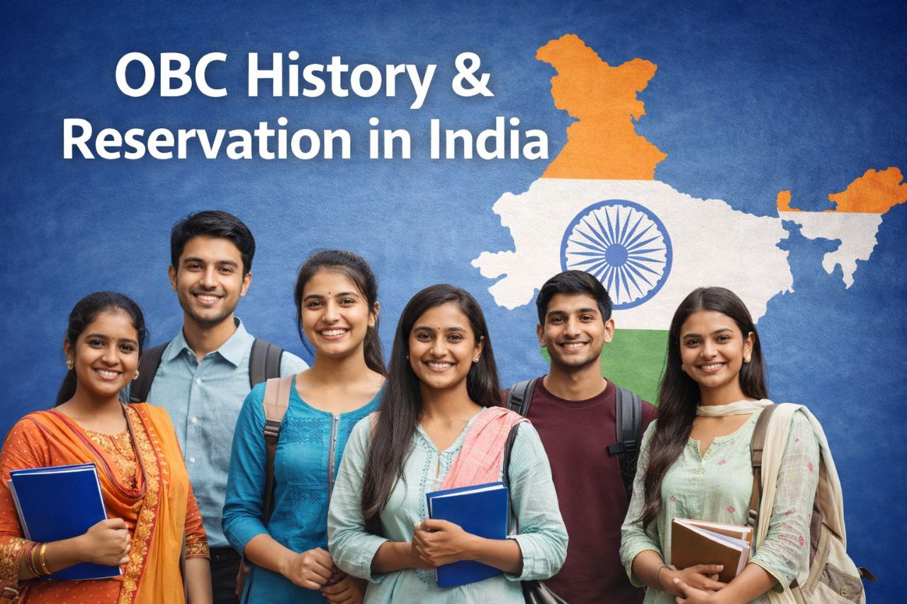 OBC history and reservation in India showing Indian students with India map representing Other Backward Classes social justice