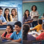 Indian students learning through online education on laptop and mobile vs traditional offline classroom learning with teacher and students