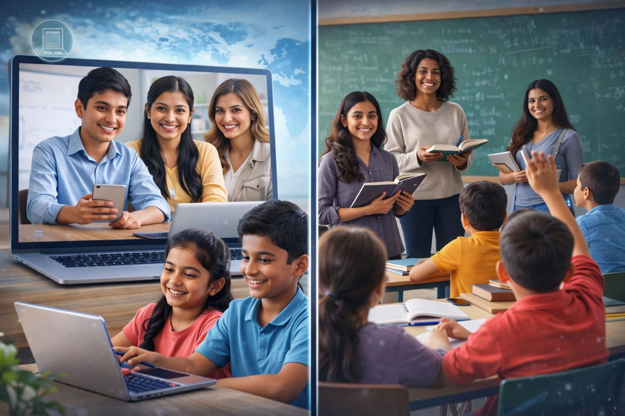 Indian students learning through online education on laptop and mobile vs traditional offline classroom learning with teacher and students