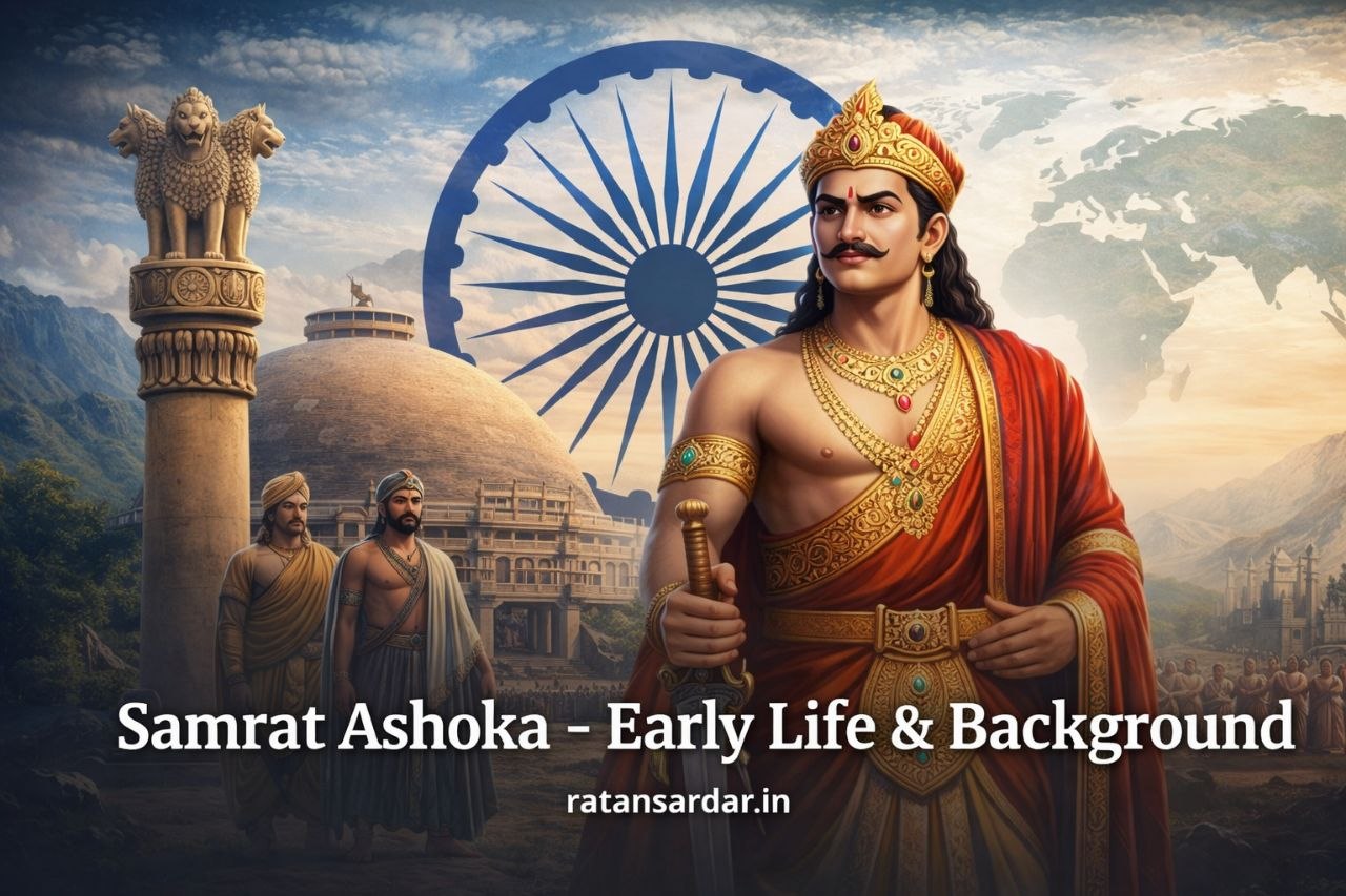 Samrat Ashoka early life background image with Ashoka Chakra pillar Maurya empire Part 1
