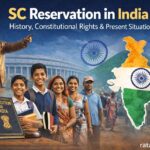SC Reservation in India infographic showing Scheduled Caste community, Constitution of India, reservation history, benefits and present situation
