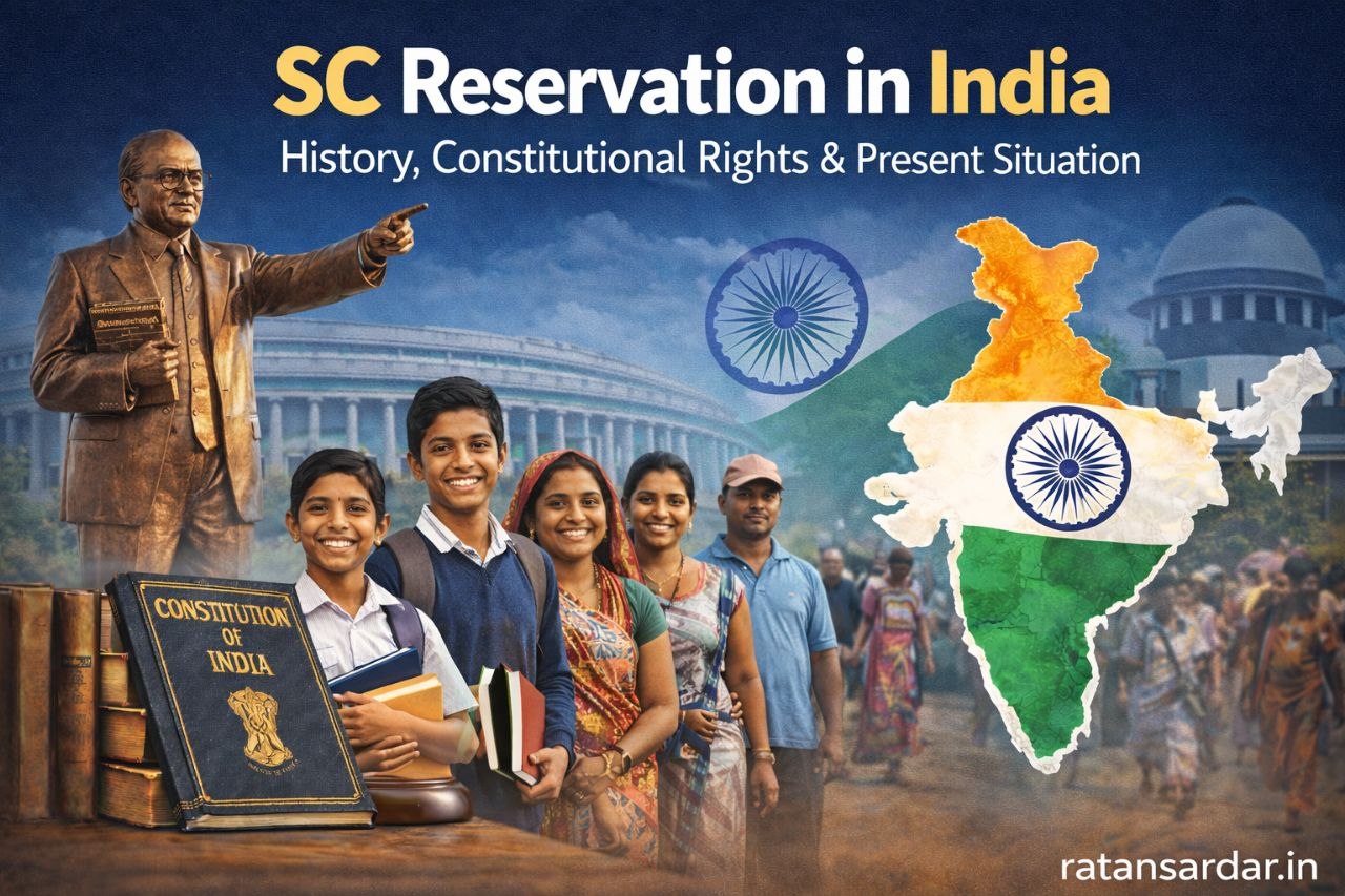 SC Reservation in India infographic showing Scheduled Caste community, Constitution of India, reservation history, benefits and present situation