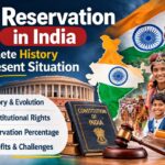 ST Reservation in India infographic showing Scheduled Tribe reservation history, constitutional rights, benefits and present situation with Indian Parliament and tribal community